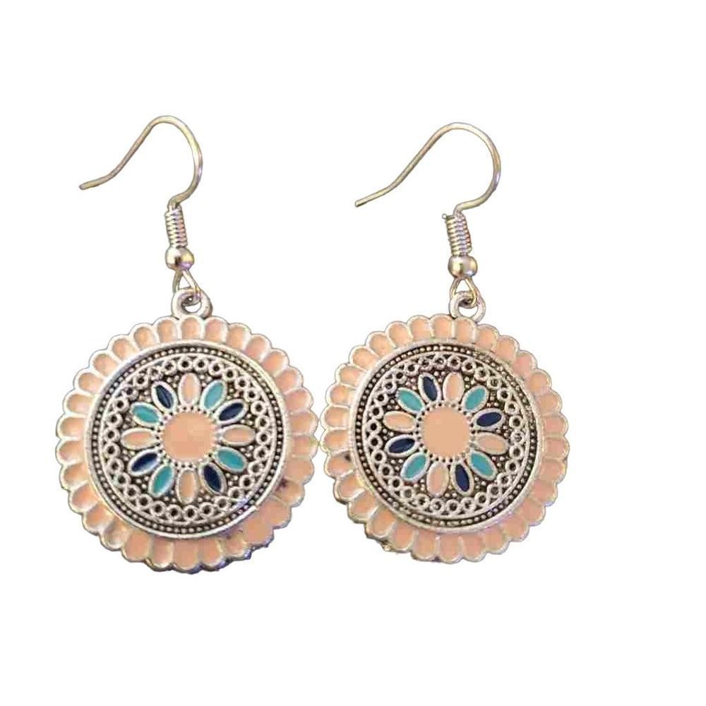 Bohemian Silver Alloy Pink and Blue Enameled Dangle Earrings